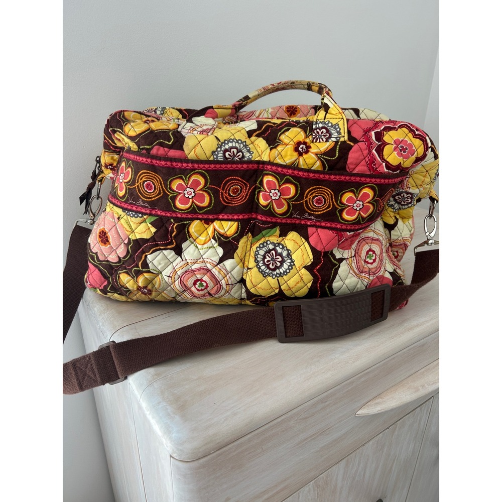 Vera Bradley Large Duffel Bag Folkloric Floral Quilted Travel‎ Weekender Brown